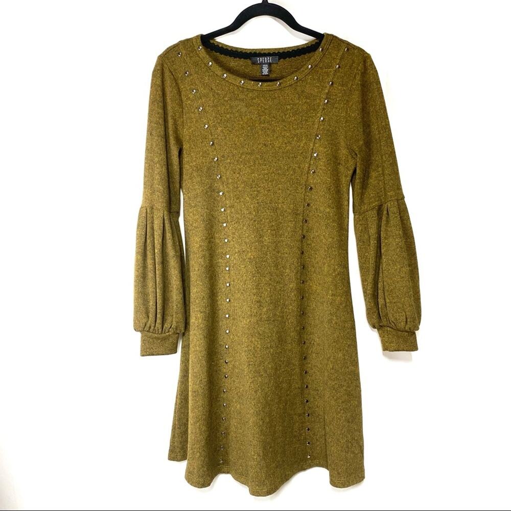 Spense Green Studded Balloon Sleeve Sweater Dress Size Small